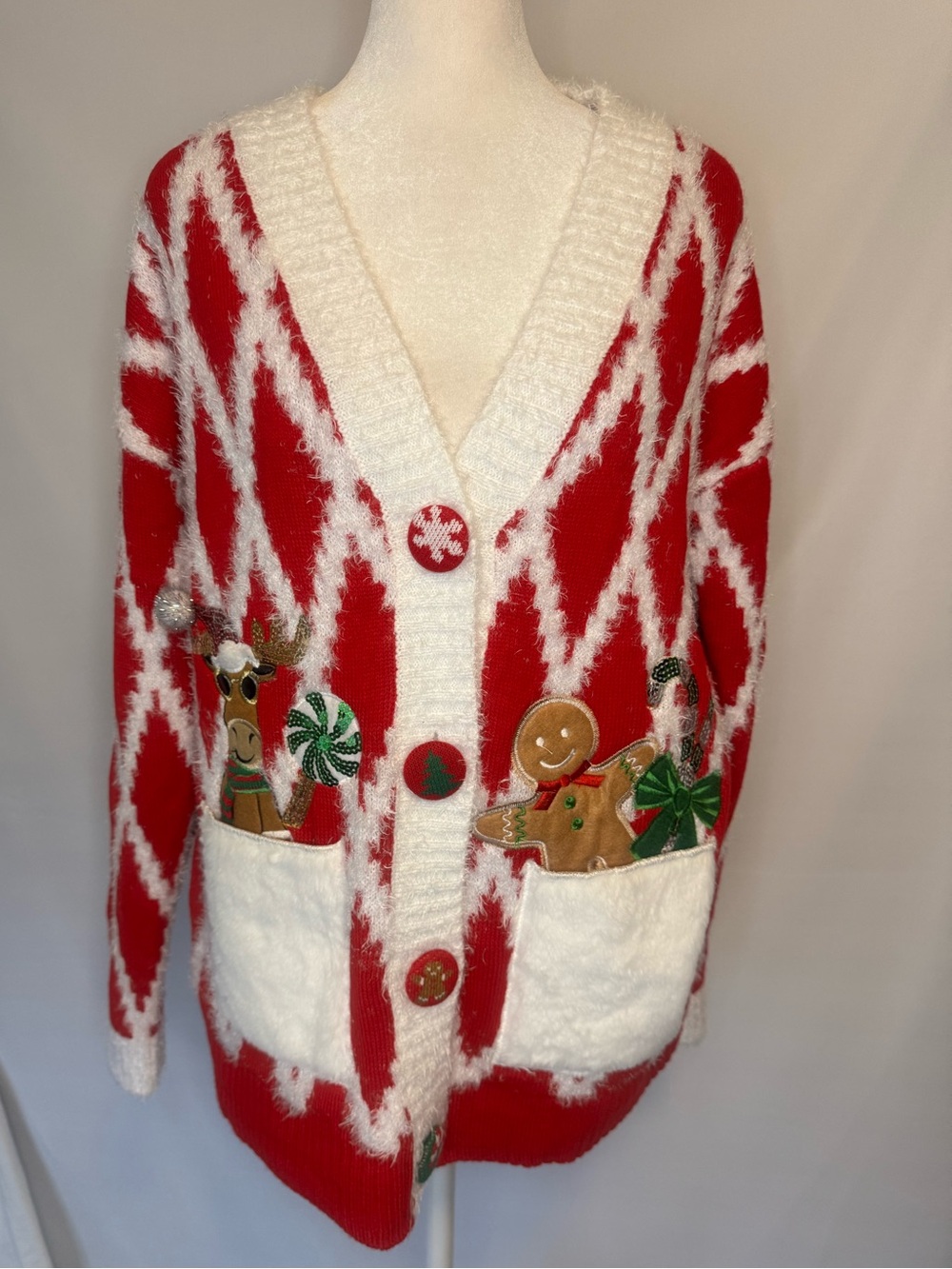 UGLY CHRISTMAS SWEATER Red and White Knit Cardigan, Appliqués, Fuzzy Pattern